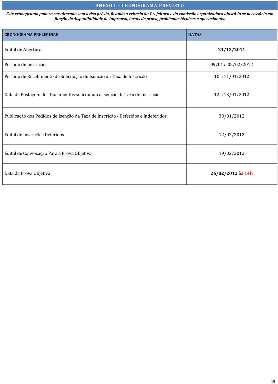 CRONOGRAMA PRELIMINAR DATAS Edital de Abertura 21/12/2011 Período de Inscrição 09/01 a 05/02/2012 Período de Recebimento de Solicitação de Isenção da Taxa de Inscrição 10 e 11/01/2012 Data de