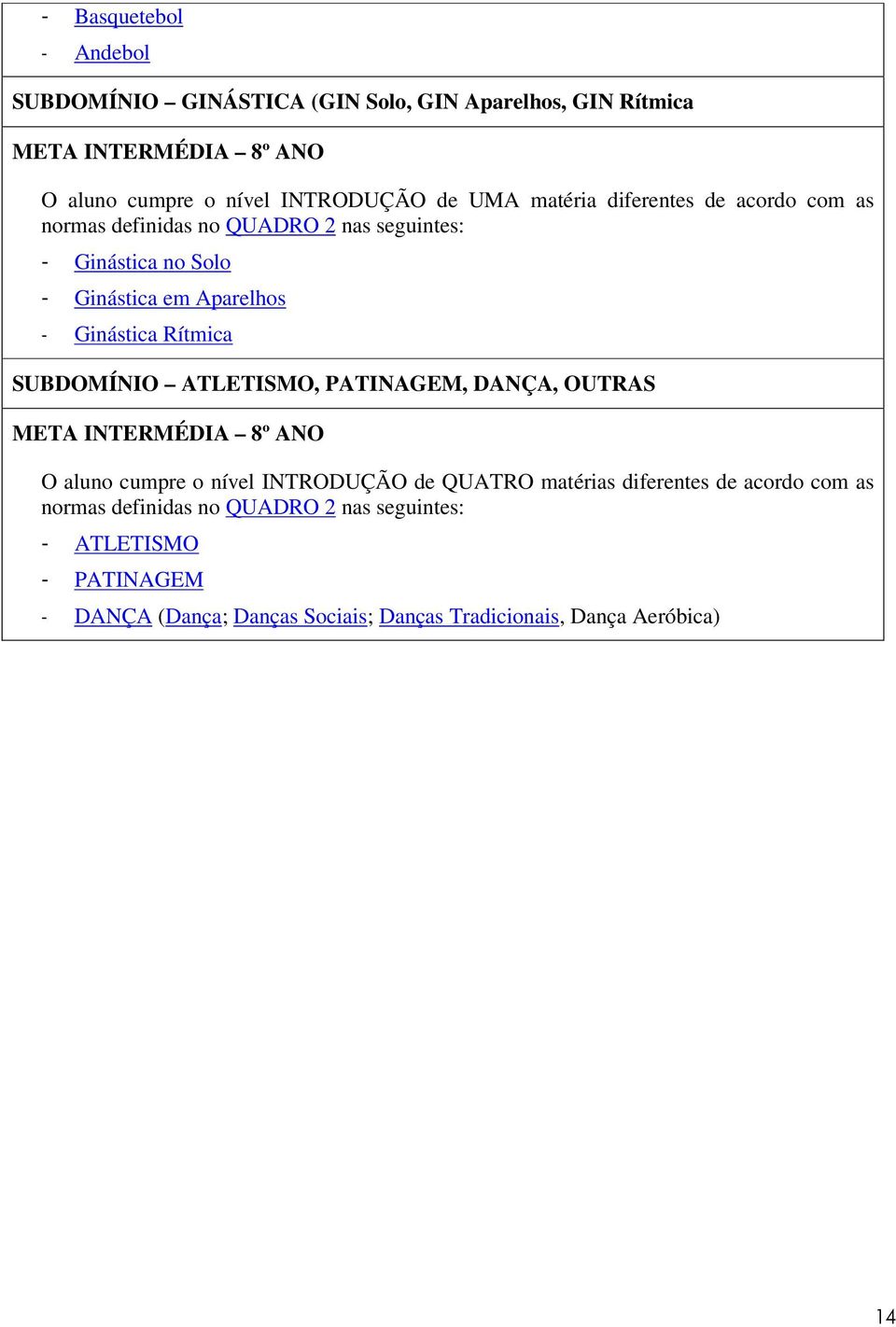 Rítmica SUBDOMÍNIO ATLETISMO, PATINAGEM, DANÇA, OUTRAS META INTERMÉDIA 8º ANO O aluno cumpre o nível INTRODUÇÃO de QUATRO matérias diferentes de