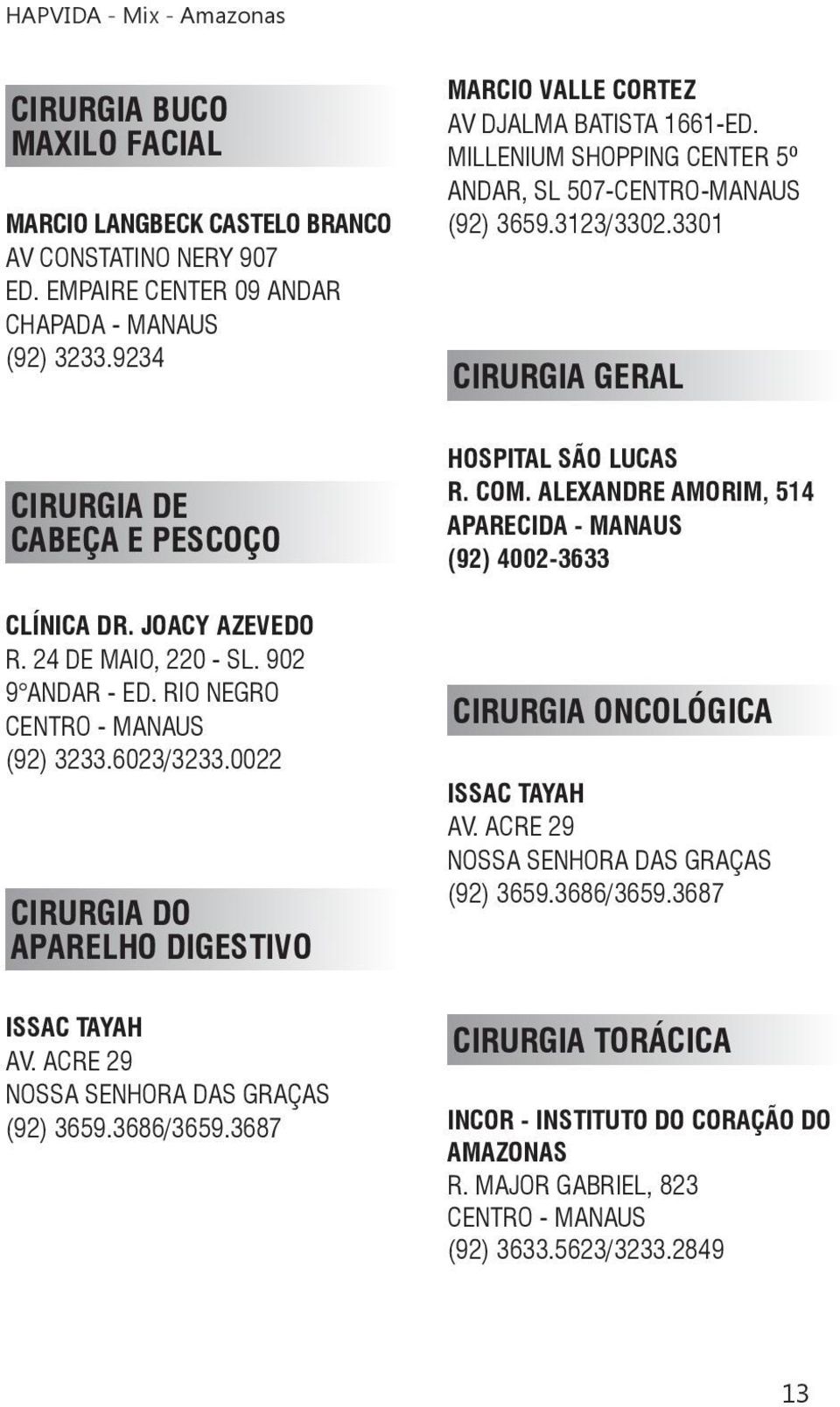 MILLENIUM SHOPPING CENTER 5º ANDAR, SL 507-CENTRO-MANAUS (92) 3659.3123/3302.3301 CIRURGIA GERAL HOSPITAL SÃO LUCAS R. COM.