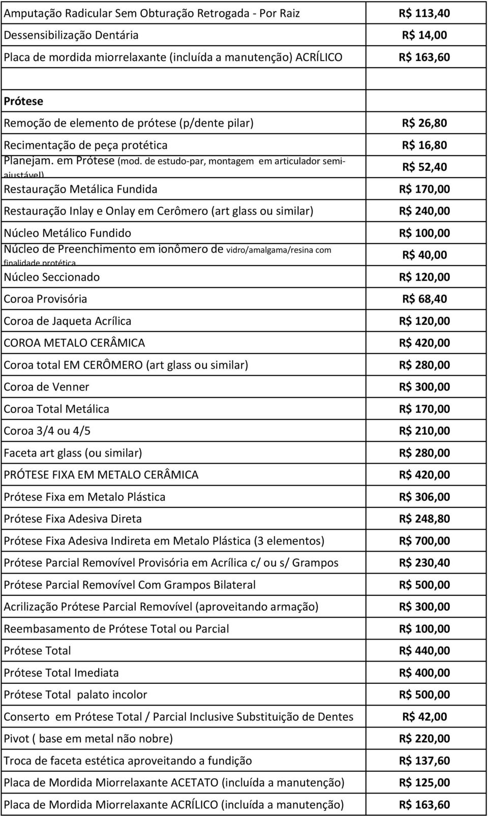 de estudo-par, montagem em articulador semiajustável) R$ 52,40 Restauração Metálica Fundida R$ 170,00 Restauração Inlay e Onlay em Cerômero (art glass ou similar) R$ 240,00 Núcleo Metálico Fundido R$