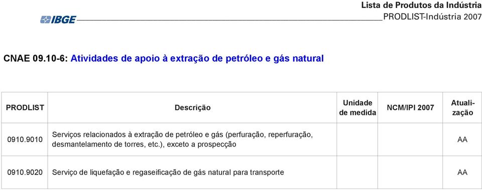 9010 Serviços relacionados à extração de petróleo e gás (perfuração, reperfuração,