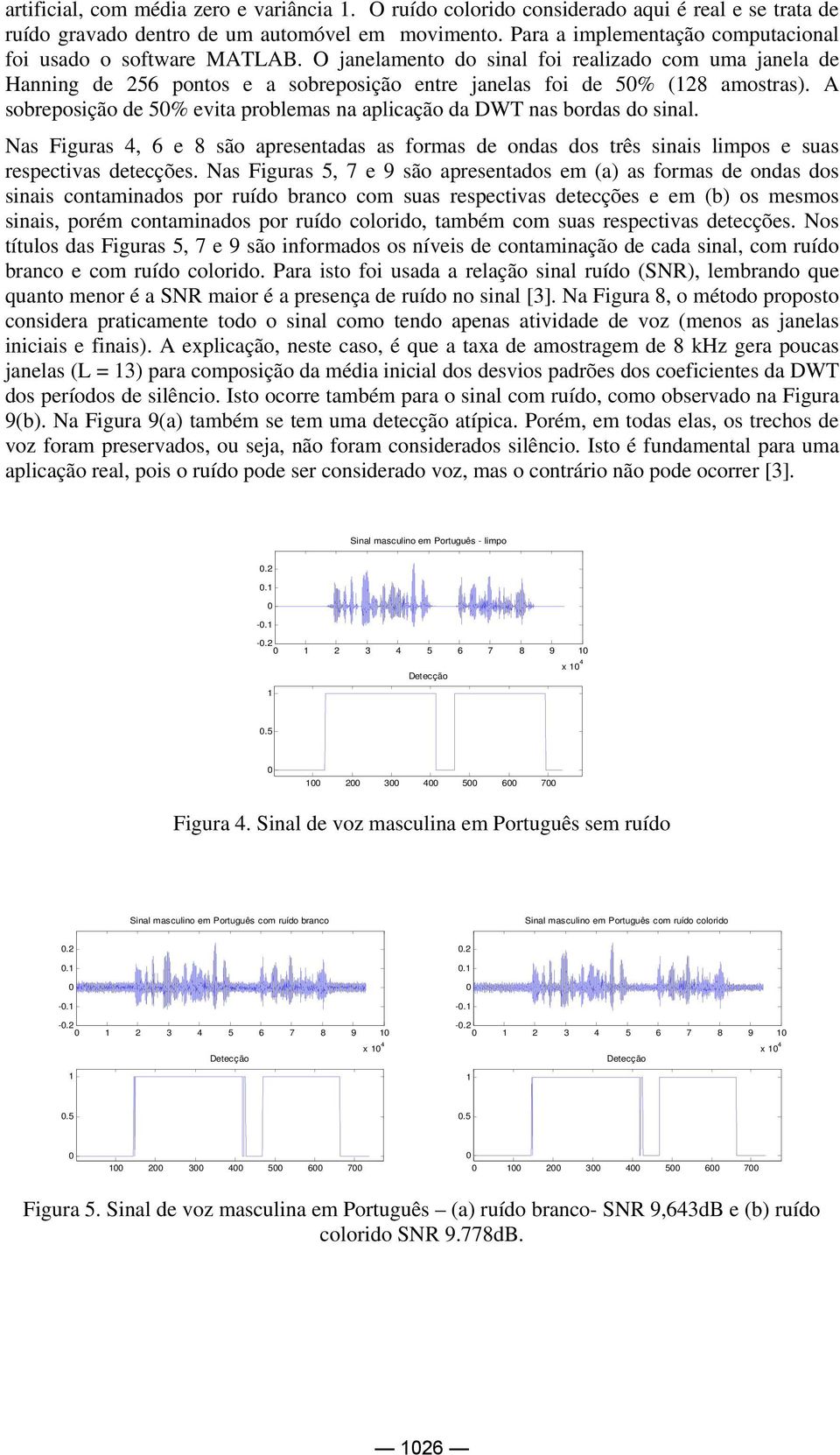 A sobreposição de 5% evita problemas na aplicação da DWT nas bordas do sinal. Nas Figuras 4, 6 e 8 são apresentadas as formas de ondas dos três sinais limpos e suas respectivas detecções.