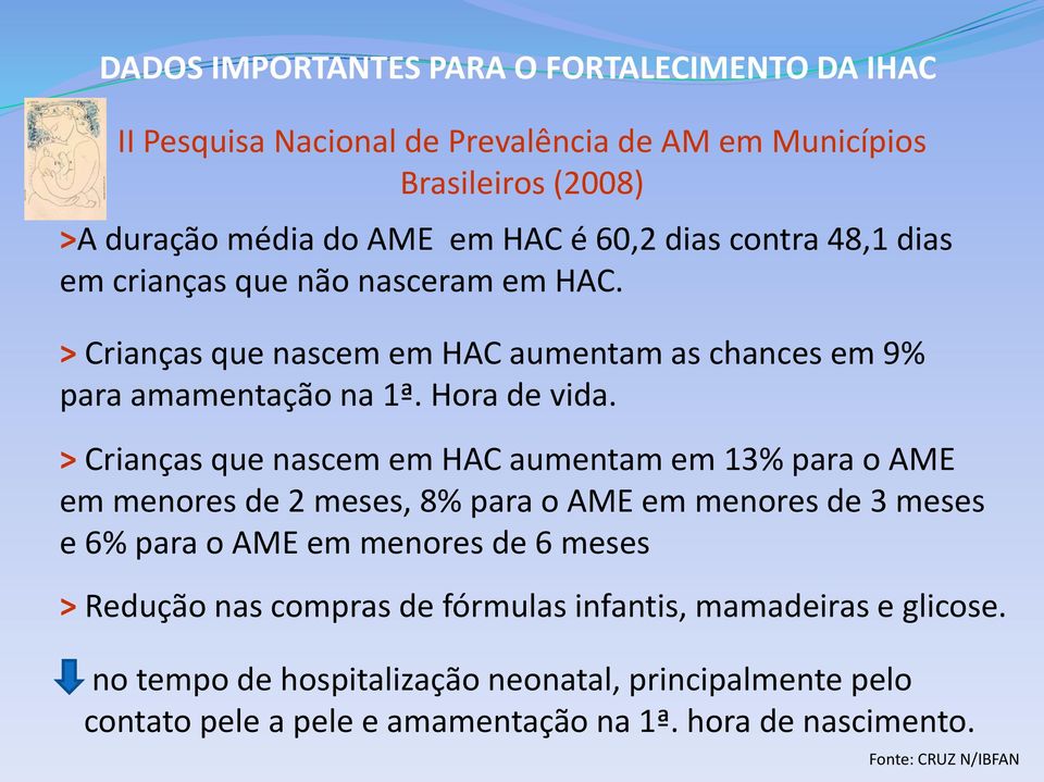 > Crianças que nascem em HAC aumentam em 13% para o AME em menores de 2 meses, 8% para o AME em menores de 3 meses e 6% para o AME em menores de 6 meses > Redução nas