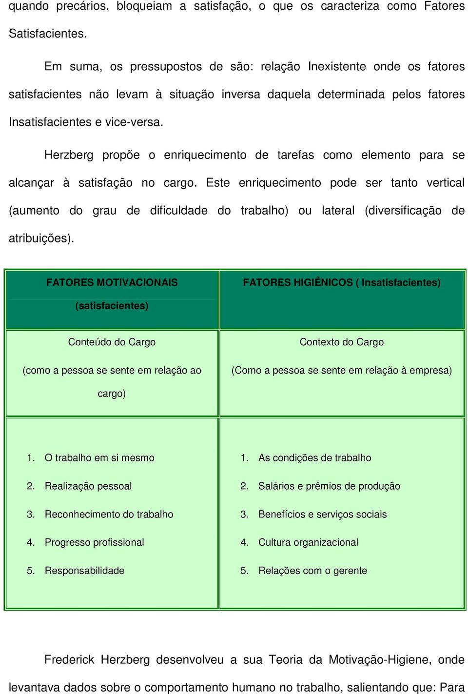 Herzberg propõe o enriquecimento de tarefas como elemento para se alcançar à satisfação no cargo.