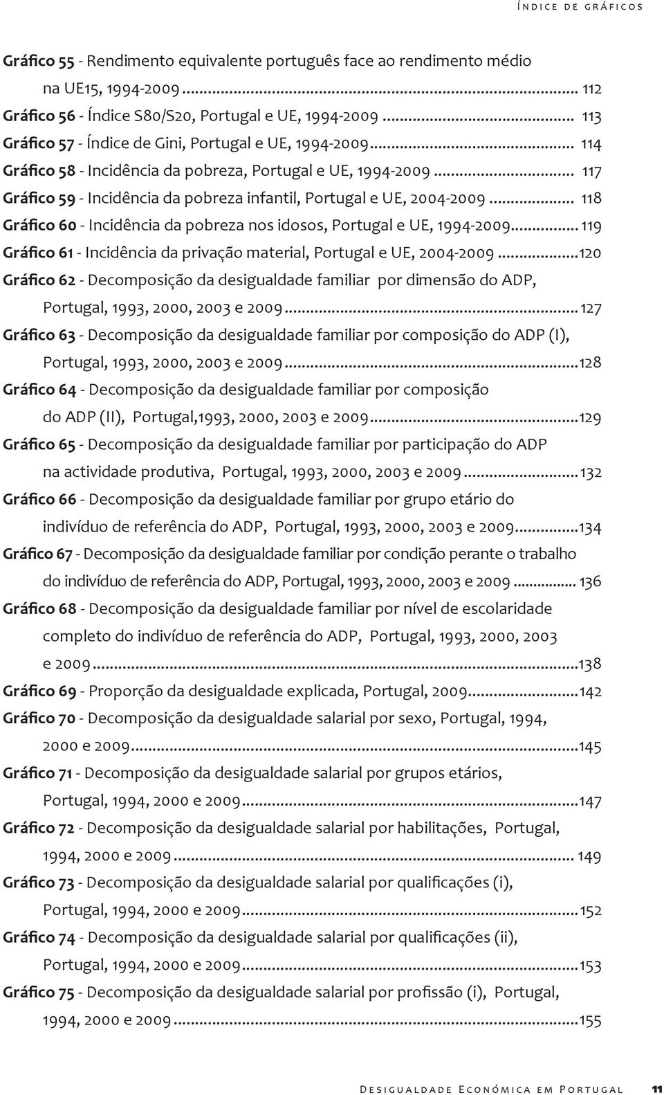 .. 119 - Incidência da privação material, Portugal e UE, 2004-2009...120 - Decomposição da desigualdade familiar por dimensão do ADP, Portugal, 1993, 2000, 2003 e 2009.