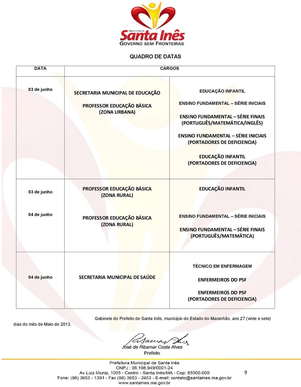 INFANTIL 04 de junho PROFESSOR EDUCAÇÃO BÁSICA (ZONA RURAL) ENSINO FUNDAMENTAL SÉRIE INICIAIS ENSINO FUNDAMENTAL SÉRIE FINAIS (PORTUGUÊS/MATEMÁTICA) TÉCNICO EM ENFERMAGEM 04 de junho SECRETARIA