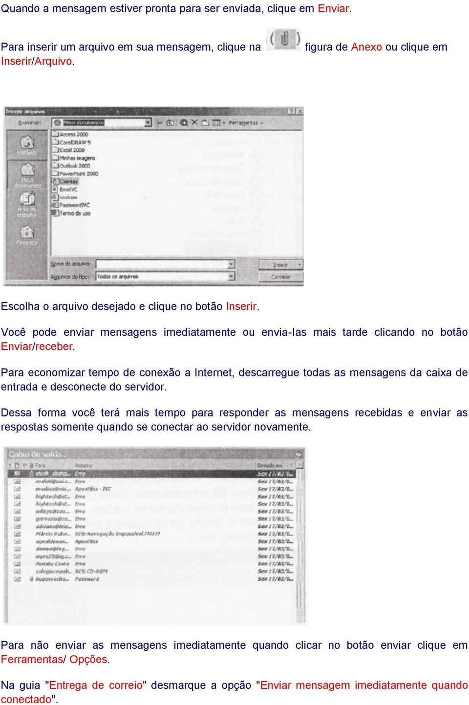 Para economizar tempo de conexão a Internet, descarregue todas as mensagens da caixa de entrada e desconecte do servidor.