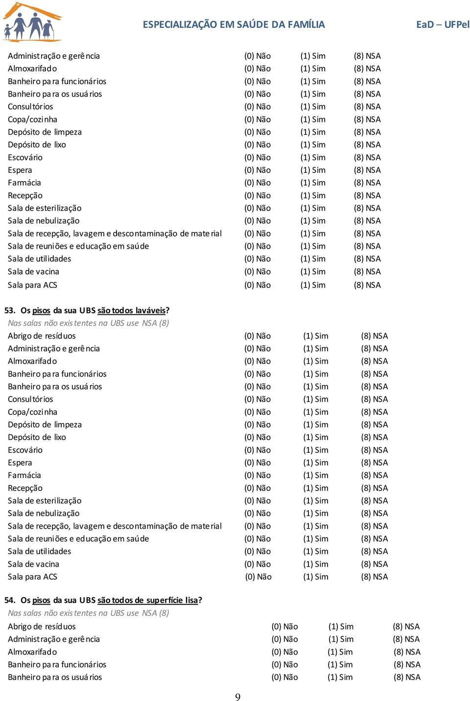 material (8) NSA Sala de reuniões e educação em saúde (8) NSA Sala de utilidades (8) NSA Sala de vacina (8) NSA Sala para ACS (8) NSA 53. Os pisos da sua UBS são todos laváveis?