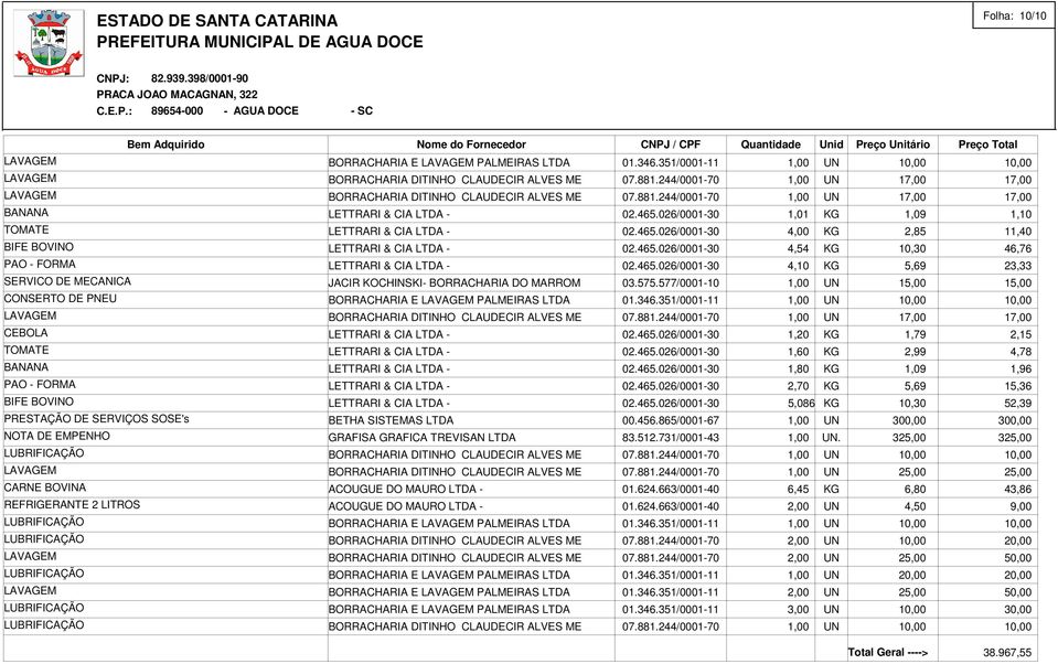 465.026/0001-30 4,54 KG 10,30 46,76 02.465.026/0001-30 4,10 KG 23,33 03.575.577/0001-10 1,00 UN 1 1 01.346.351/0001-11 1,00 UN 07.881.244/0001-70 1,00 UN 02.465.026/0001-30 1,20 KG 1,79 2,15 02.465.026/0001-30 1,60 KG 2,99 4,78 02.