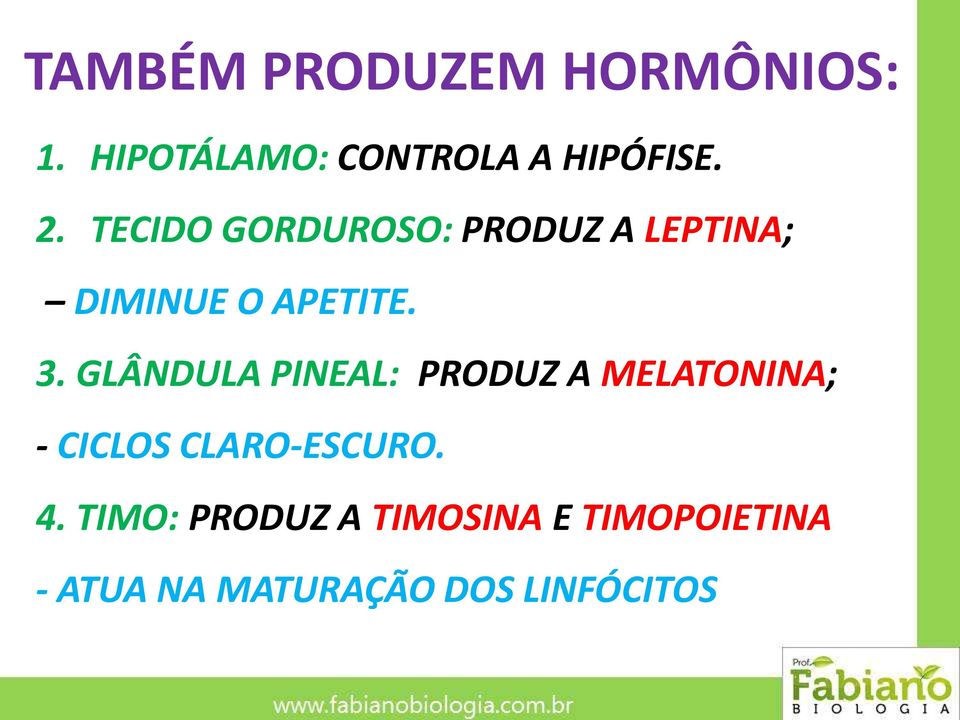 GLÂNDULA PINEAL: PRODUZ A MELATONINA; - CICLOS CLARO-ESCURO. 4.