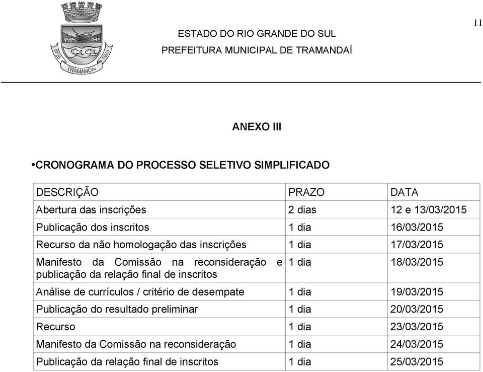 relação final de inscritos 1 dia 18/03/2015 Análise de currículos / critério de desempate 1 dia 19/03/2015 Publicação do resultado preliminar 1