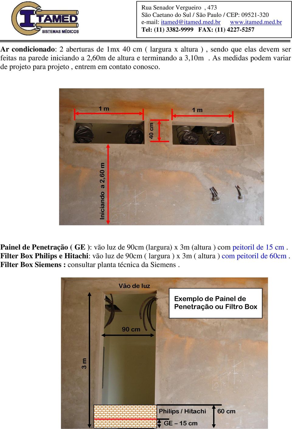 1 m 1 m Iniciando a 2,60 m 40 cm Painel de Penetração ( GE ): vão luz de 90cm (largura) x 3m (altura ) com peitoril de 15 cm.