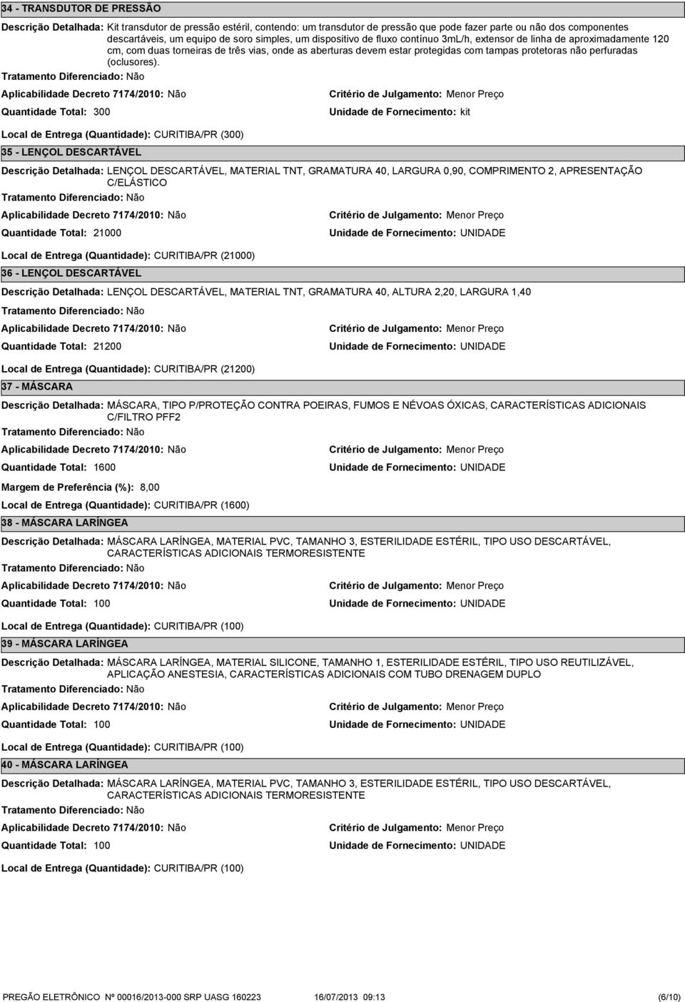 300 Unidade de Fornecimento: kit Local de Entrega (Quantidade): CURITIBA/PR (300) 35 - LENÇOL DESCARTÁVEL LENÇOL DESCARTÁVEL, MATERIAL TNT, GRAMATURA 40, LARGURA 0,90, COMPRIMENTO 2, APRESENTAÇÃO