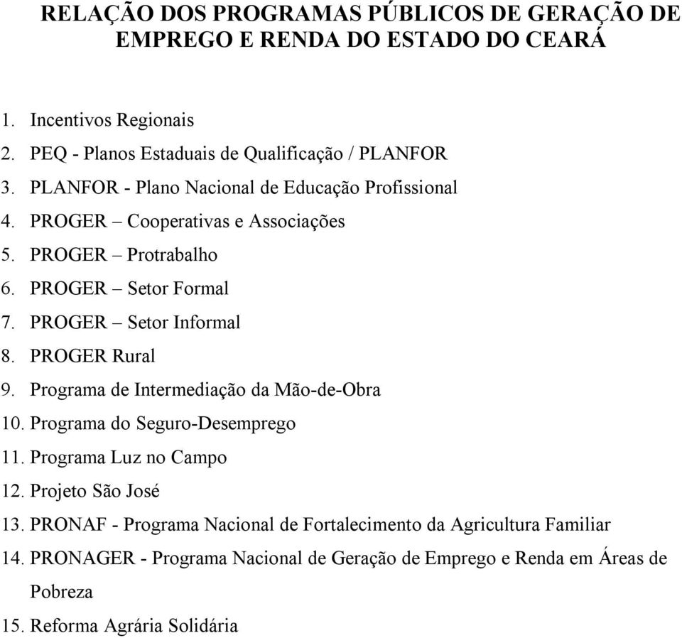 PROGER Setor Informal 8. PROGER Rural 9. Programa de Intermediação da Mão-de-Obra 10. Programa do Seguro-Desemprego 11. Programa Luz no Campo 12.