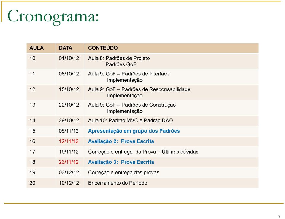 10: Padrao MVC e Padrão DAO 15 05/11/12 Apresentação em grupo dos Padrões 16 12/11/12 Avaliação 2: Prova Escrita 17 19/11/12 Correção e