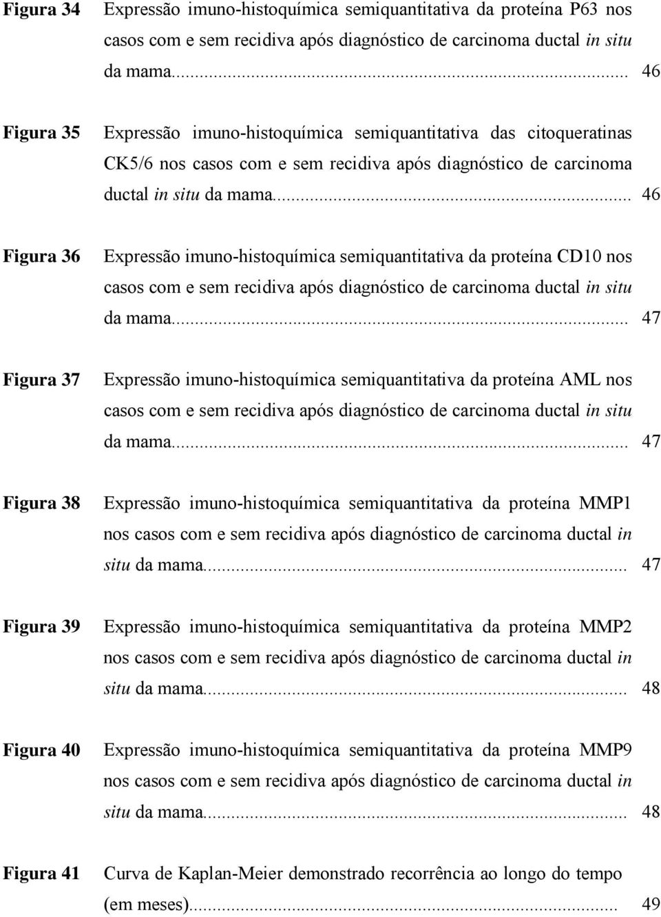 .. 46 Figura 36 Expressão imuno-histoquímica semiquantitativa da proteína CD10 nos casos com e sem recidiva após diagnóstico de carcinoma ductal in situ da mama.