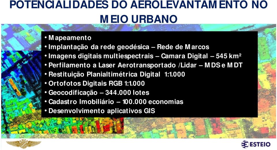 Aerotransportado /Lidar MDS e MDT Restituição Planialtimétrica Digital 1:1.