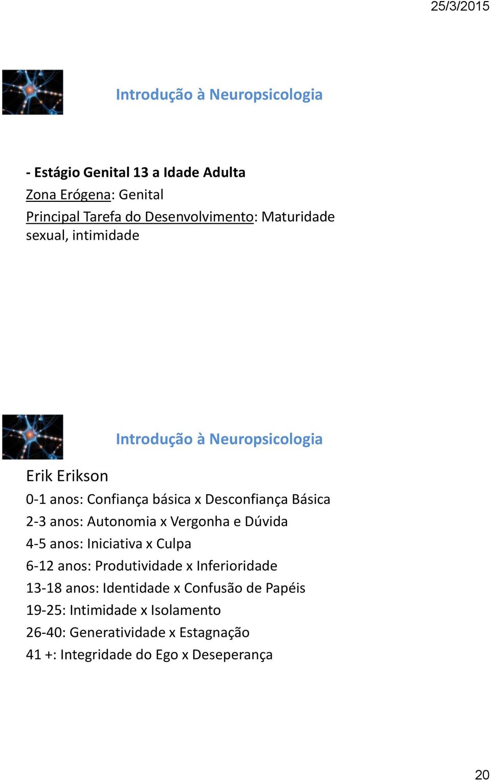 e Dúvida 4-5 anos: Iniciativa x Culpa 6-12 anos: Produtividade x Inferioridade 13-18 anos: Identidade x