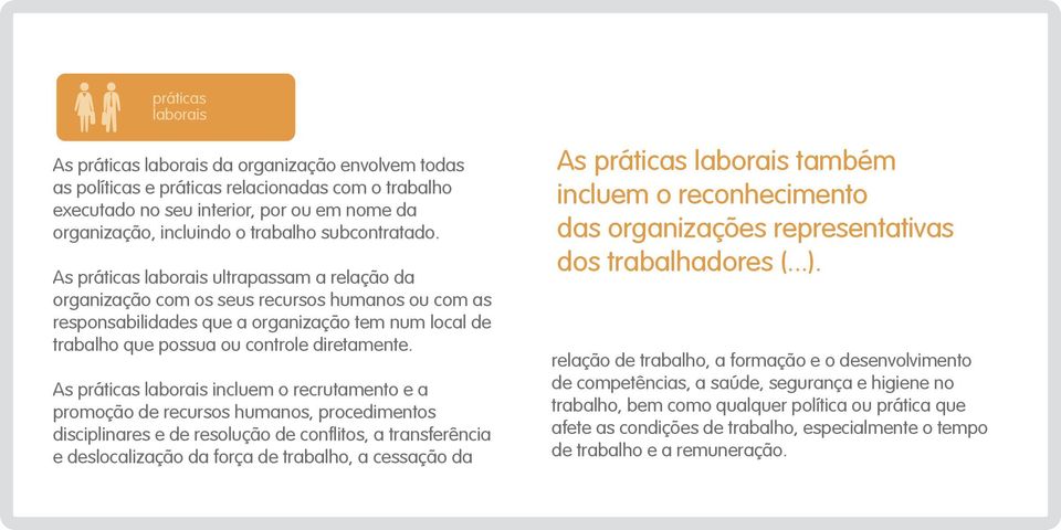 As práticas laborais ultrapassam a relação da organização com os seus recursos humanos ou com as responsabilidades que a organização tem num local de trabalho que possua ou controle diretamente.