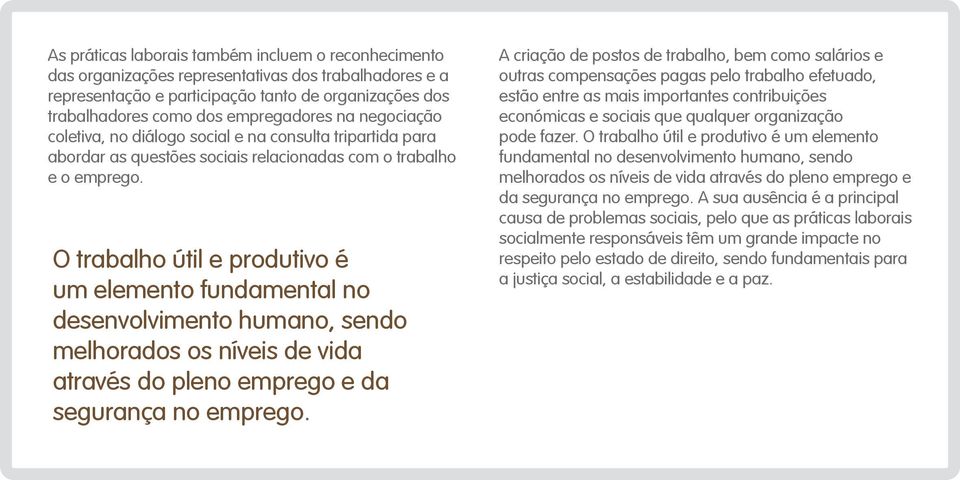 O trabalho útil e produtivo é um elemento fundamental no desenvolvimento humano, sendo melhorados os níveis de vida através do pleno emprego e da segurança no emprego.