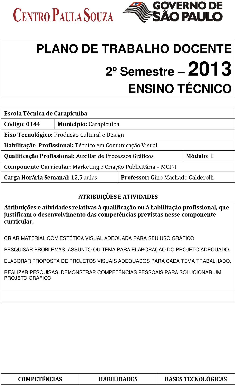 Professor: Gino Machado Calderolli ATRIBUIÇÕES E ATIVIDADES Atribuições e atividades relativas à qualificação ou à habilitação profissional, que justificam o desenvolvimento das competências