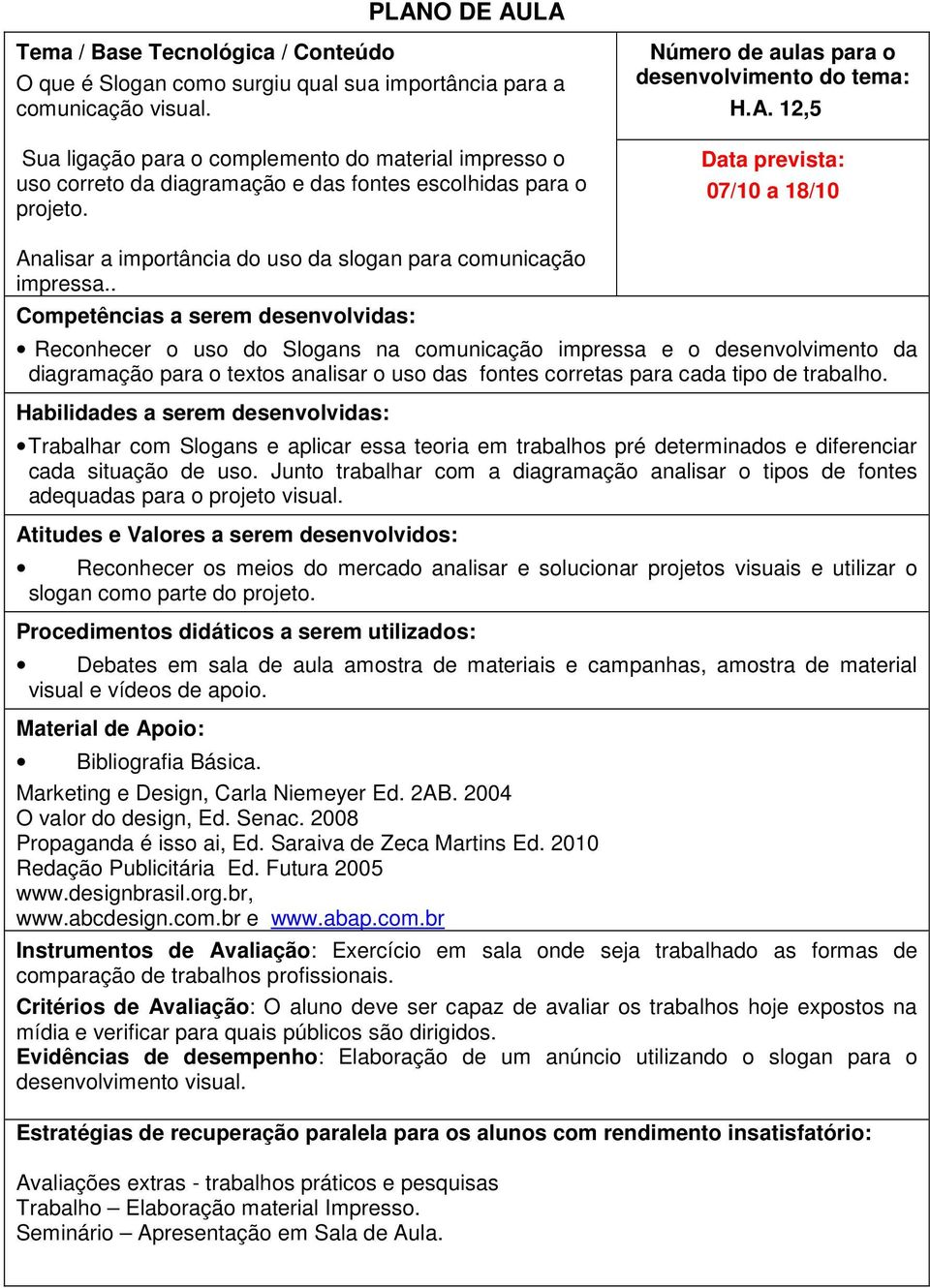 12,5 Data prevista: 07/10 a 18/10 Analisar a importância do uso da slogan para comunicação impressa.