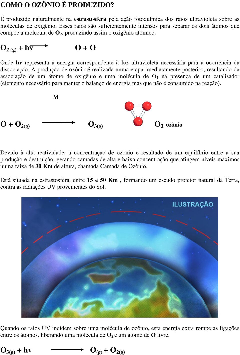 O 2 (g) + hv O + O Onde hv representa a energia correspondente à luz ultravioleta necessária para a ocorrência da dissociação.