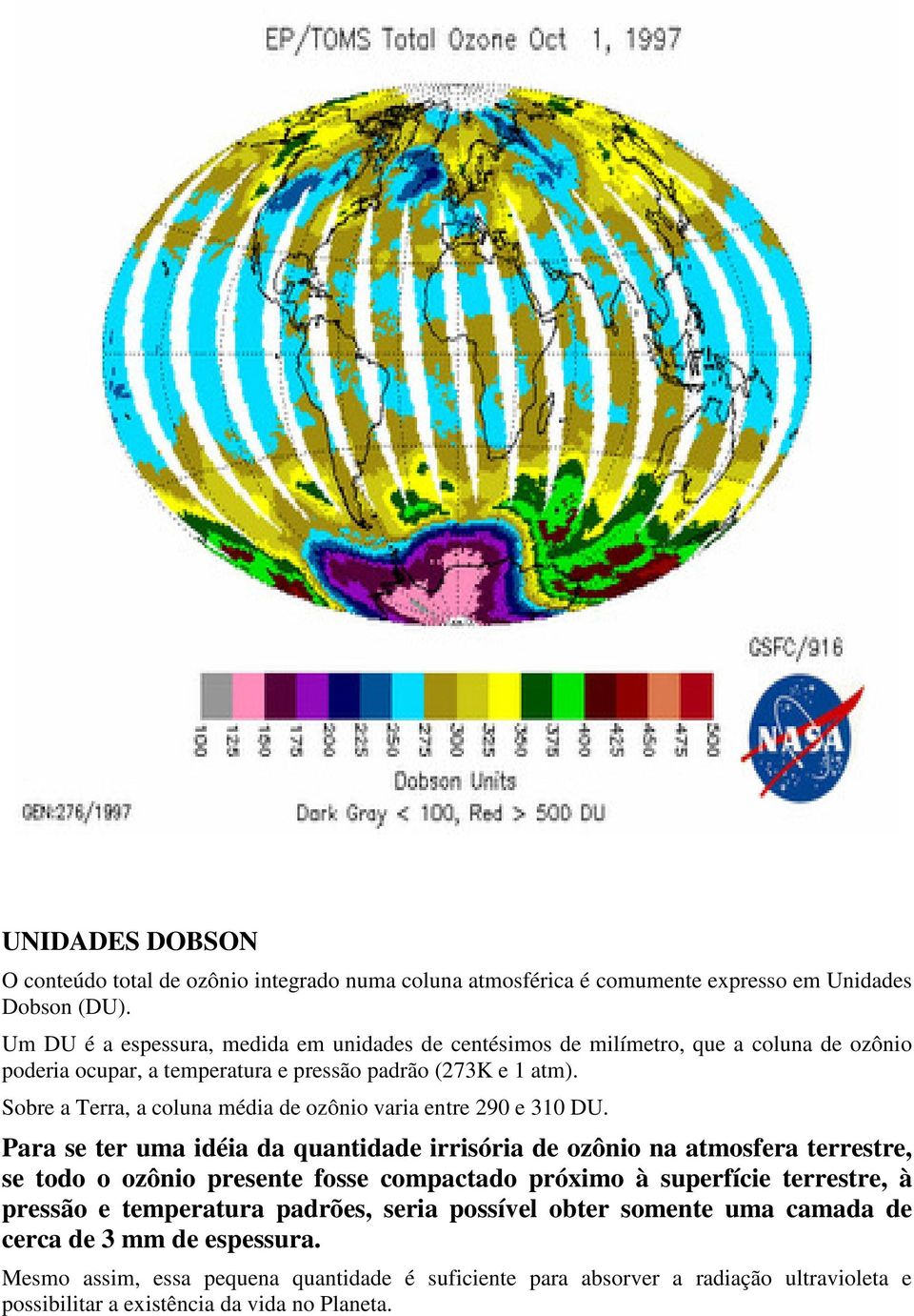 Sobre a Terra, a coluna média de ozônio varia entre 290 e 310 DU.