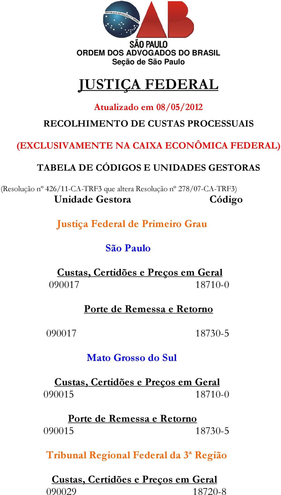 Paulo Custas, Certidões e Preços em Geral 090017 18710-0 Porte de Remessa e Retorno 090017 18730-5 Mato Grosso do Sul Custas, Certidões e Preços