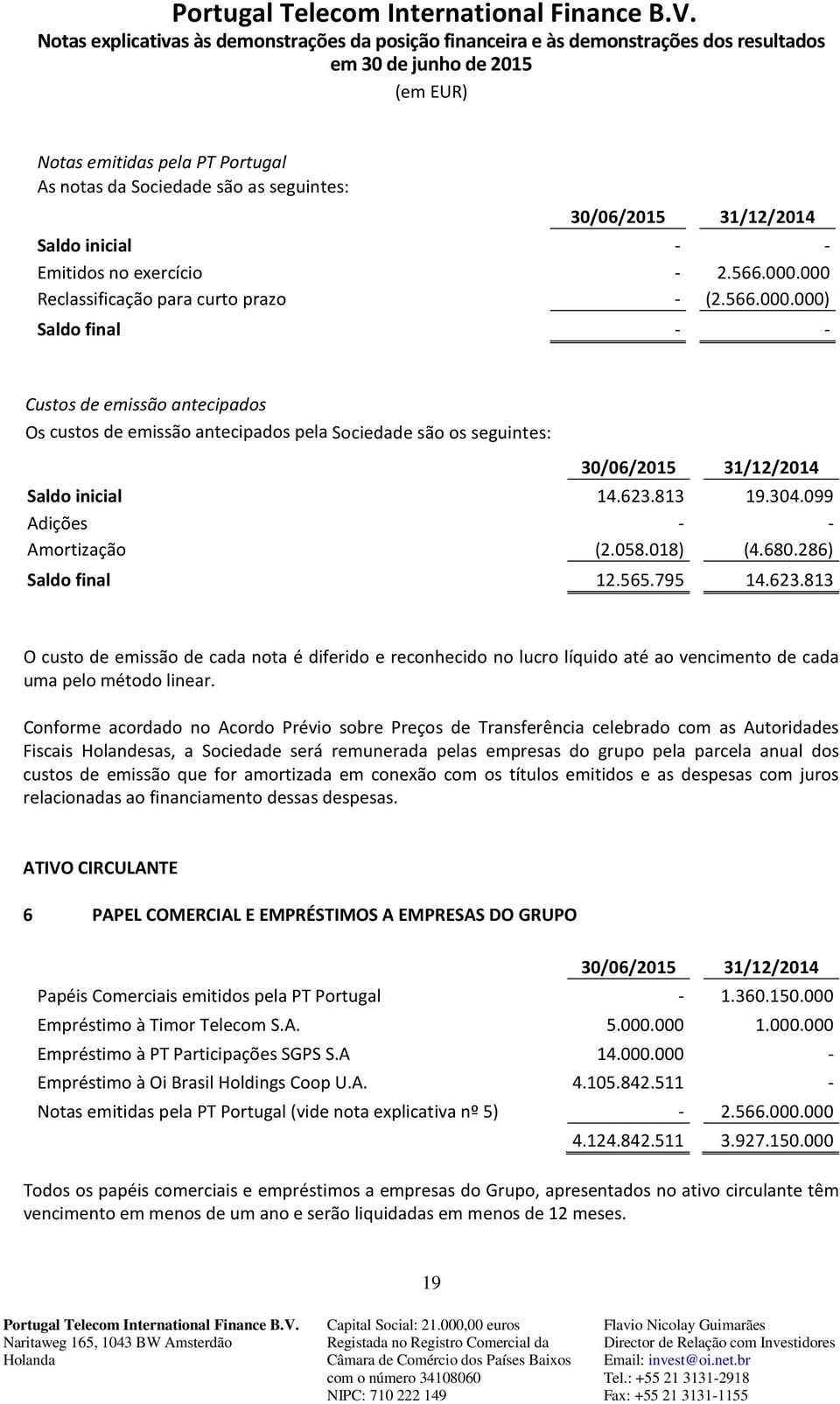 623.813 19.304.099 Adições - - Amortização (2.058.018) (4.680.286) Saldo final 12.565.795 14.623.813 O custo de emissão de cada nota é diferido e reconhecido no lucro líquido até ao vencimento de cada uma pelo método linear.