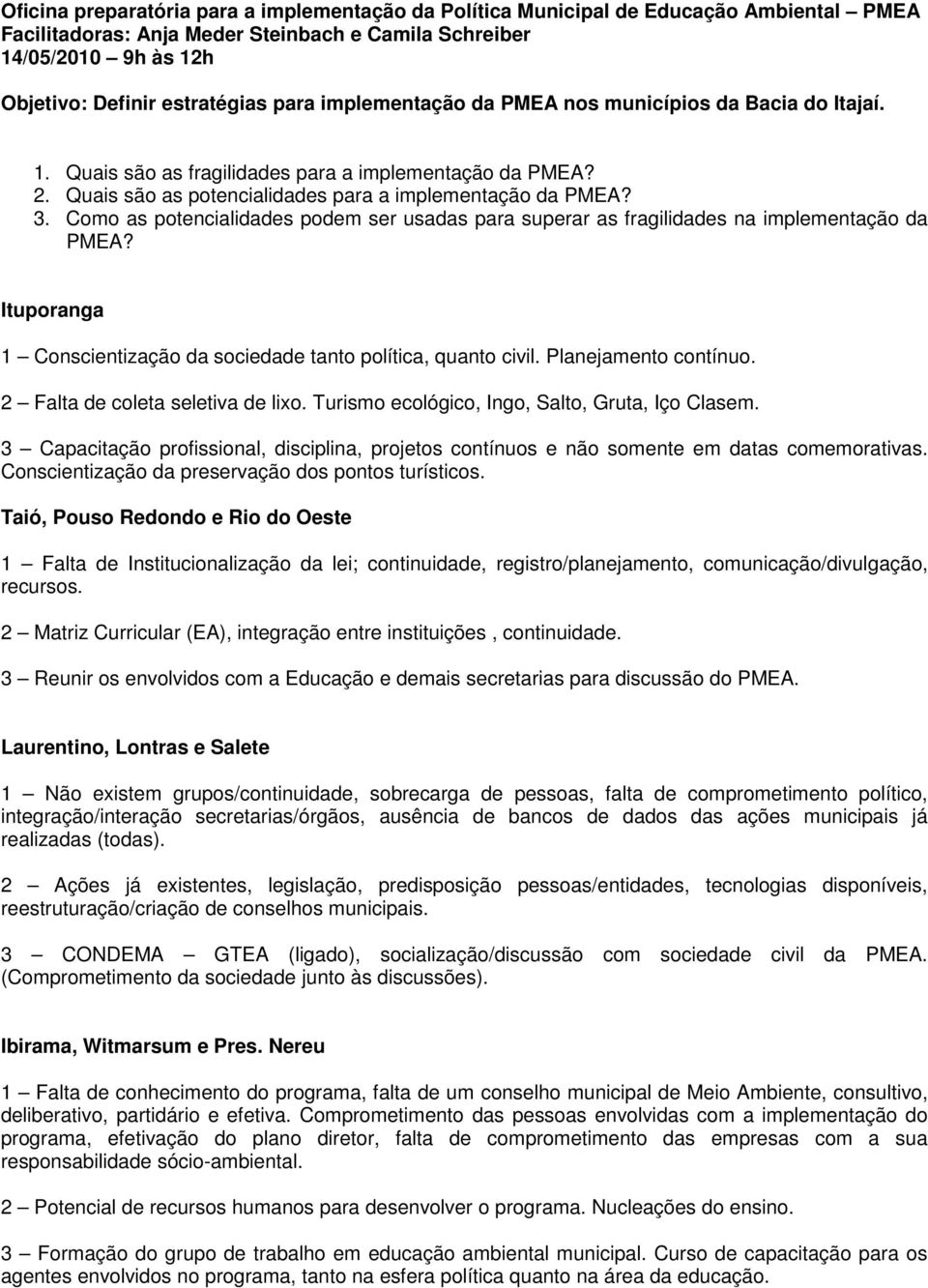 Como as potencialidades podem ser usadas para superar as fragilidades na implementação da PMEA? Ituporanga 1 Conscientização da sociedade tanto política, quanto civil. Planejamento contínuo.