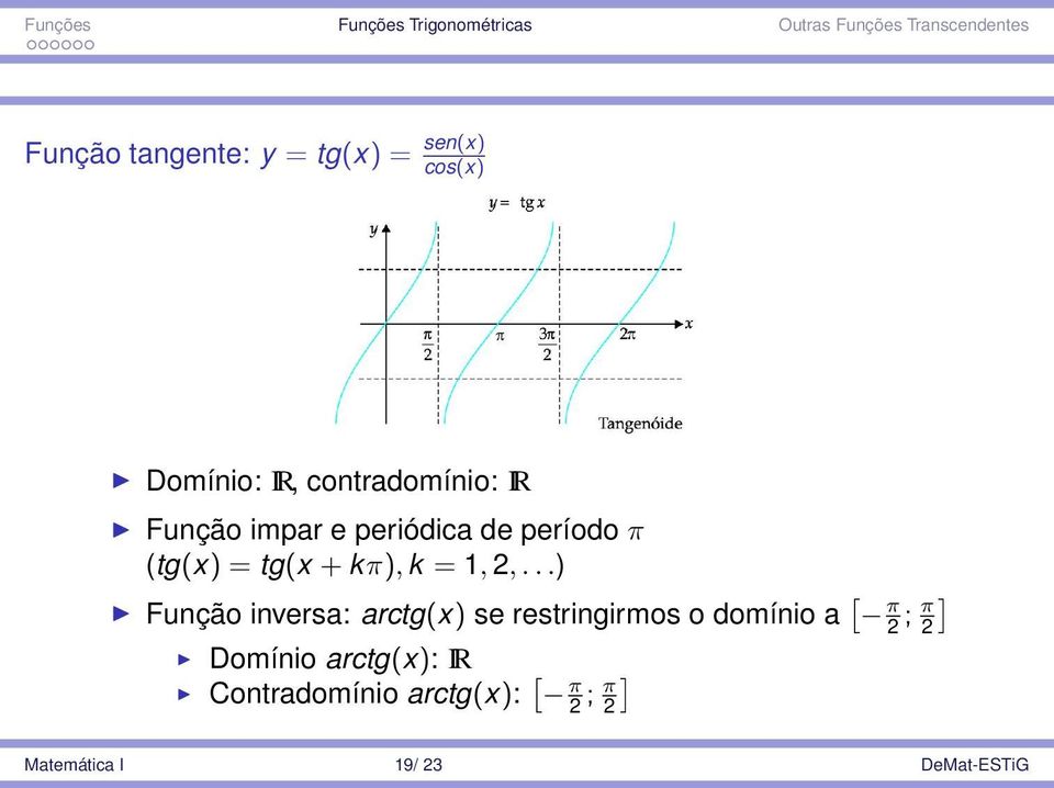 ..) Função inversa: arctg(x) se restringirmos o domínio a [ π 2 ; π 2