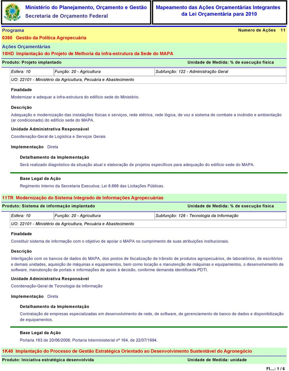 Adequação e modernização das instalações físicas e serviços, rede elétrica, rede lógica, de voz e sistema de combate a incêndio e ambientação (ar condicionado) do edifício sede do MAPA.