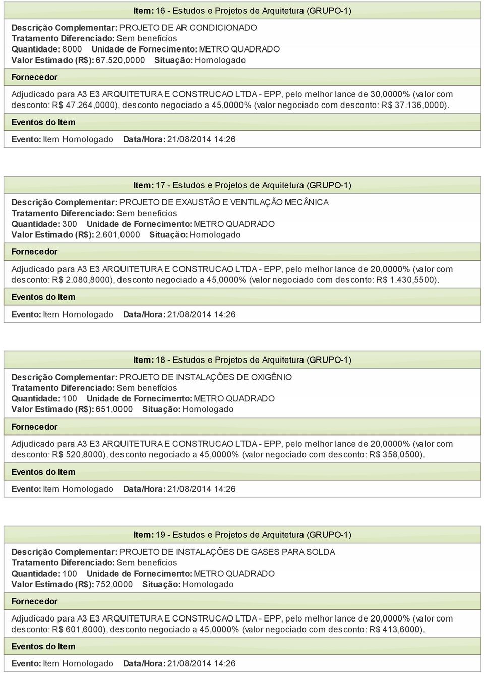 Item: 17 - Estudos e Projetos de Arquitetura (GRUPO-1) Descrição Complementar: PROJETO DE EXAUSTÃO E VENTILAÇÃO MECÂNICA Quantidade: 300 Unidade de Fornecimento: METRO QUADRADO Valor Estimado (R$): 2.