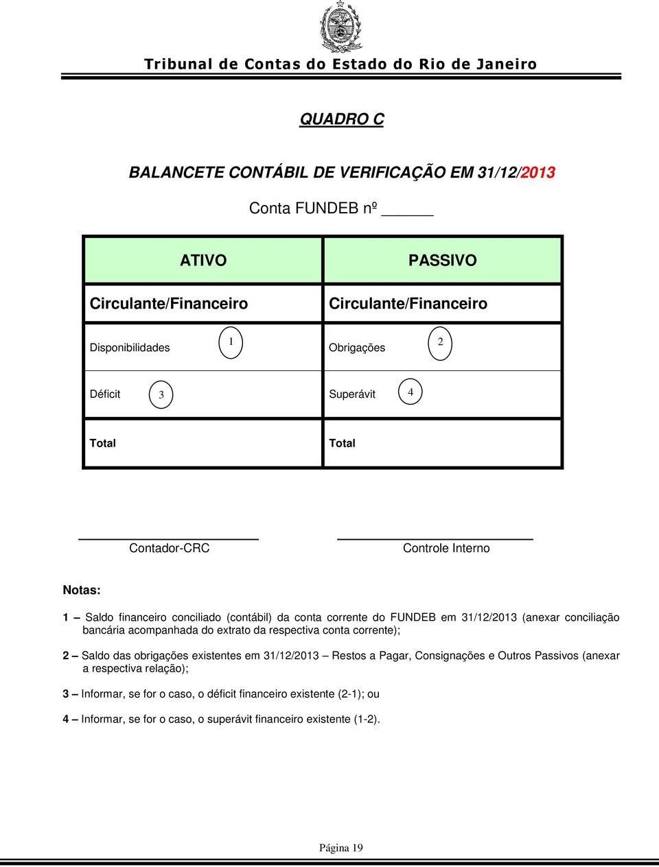 conciliação bancária acompanhada do extrato da respectiva conta corrente); 2 Saldo das obrigações existentes em 31/12/2013 Restos a Pagar, Consignações e Outros