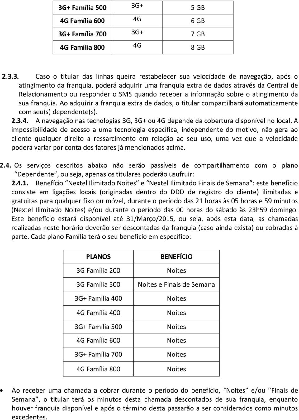 Ao adquirir a franquia extra de dados, o titular compartilhará automaticamente com seu(s) dependente(s). 2.3.4. A navegação nas tecnologias 3G, 3G+ ou 4G depende da cobertura disponível no local.