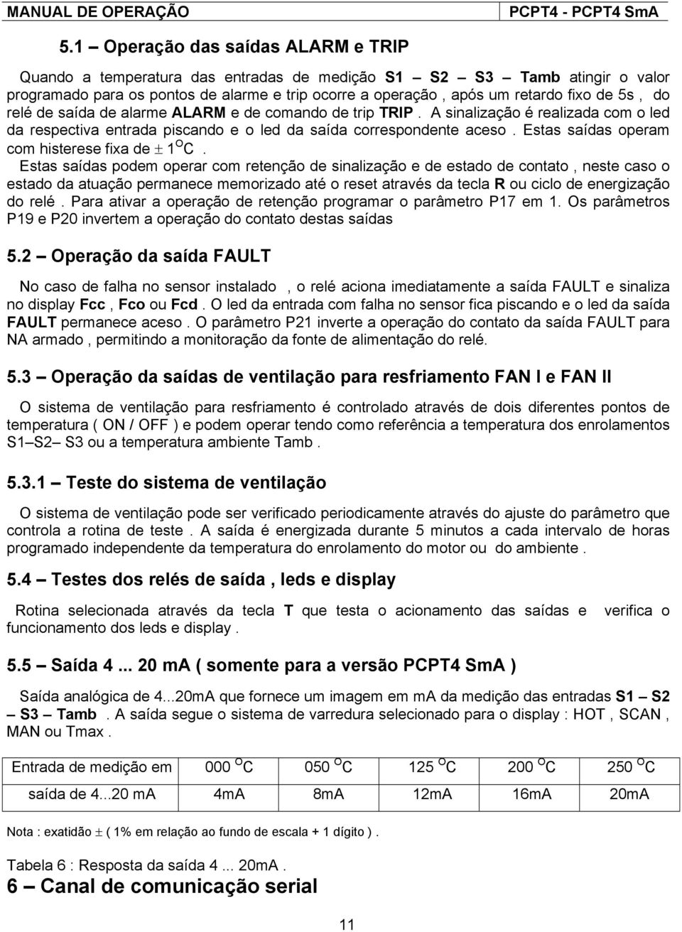 Estas saídas operam com histerese fixa de ± 1 O C.