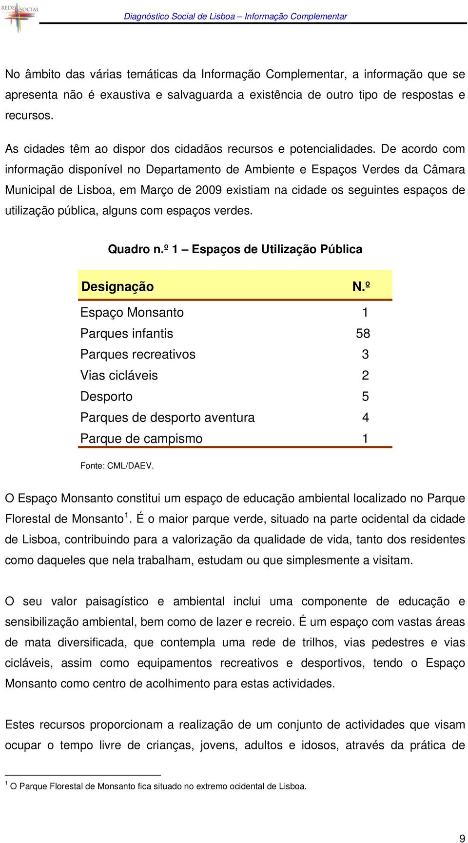 De acordo com informação disponível no Departamento de Ambiente e Espaços Verdes da Câmara Municipal de Lisboa, em Março de 2009 existiam na cidade os seguintes espaços de utilização pública, alguns