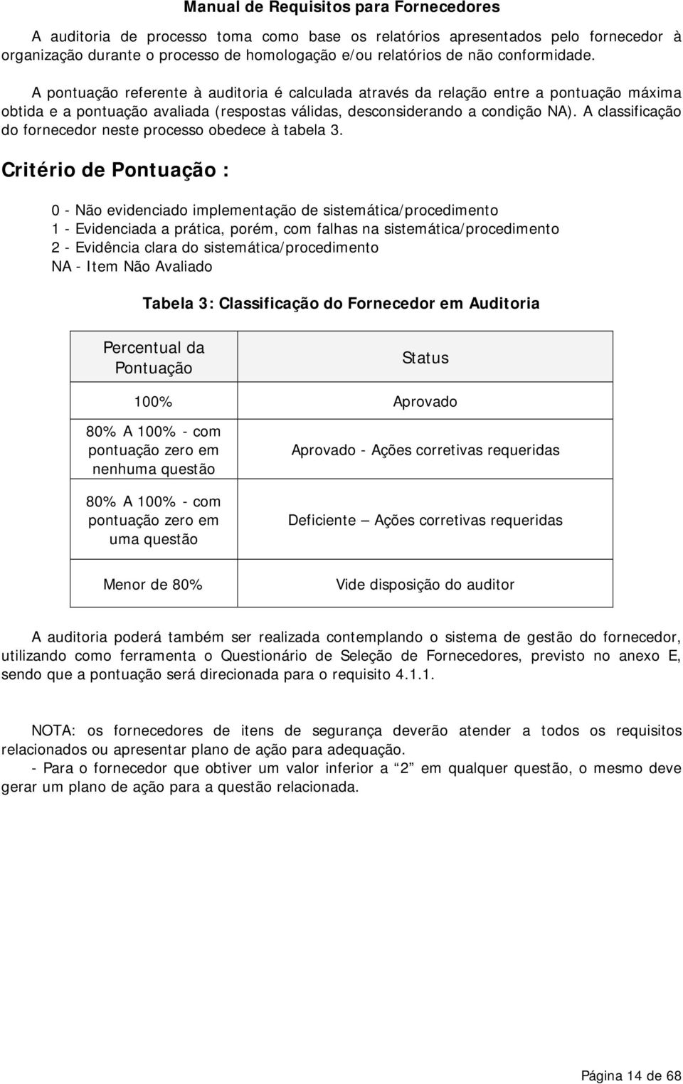 A classificação do fornecedor neste processo obedece à tabela 3.