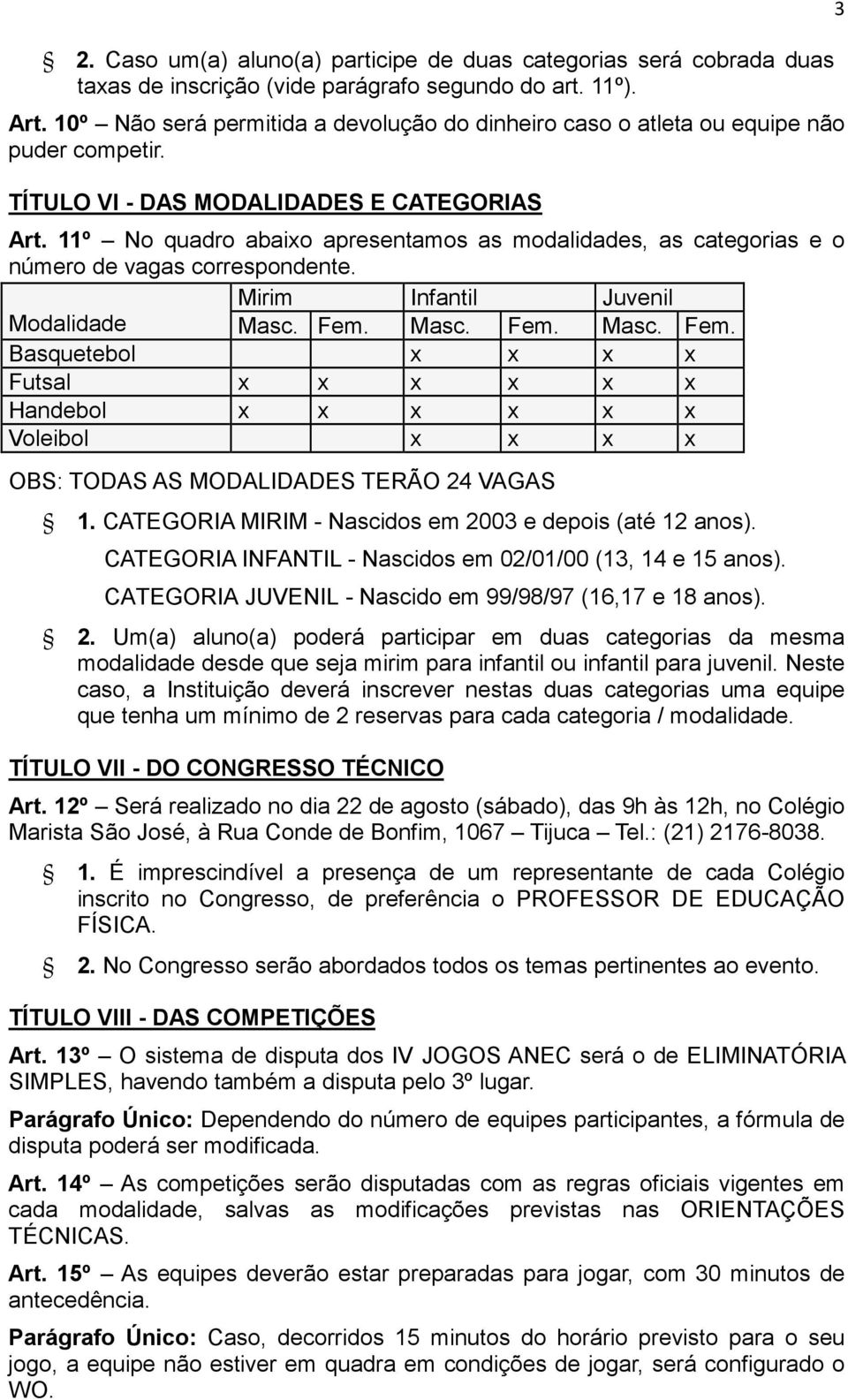 11º No quadro abaixo apresentamos as modalidades, as categorias e o número de vagas correspondente. Mirim Infantil Juvenil Modalidade Masc. Fem.