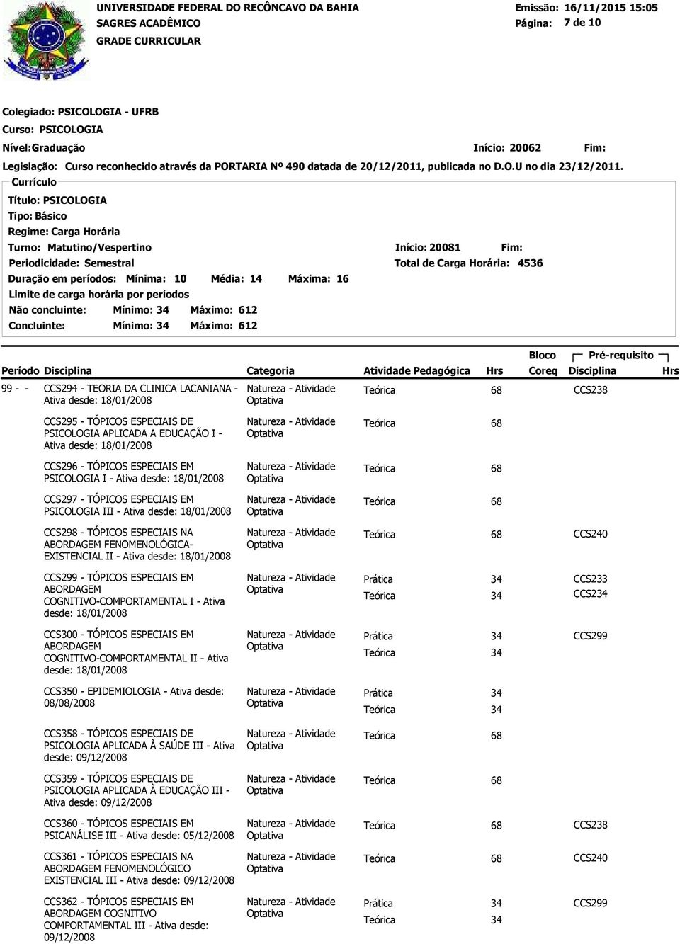 COGNITIVO-COMPORTAMENTAL I - Ativa CCS300 - TÓPICOS ESPECIAIS EM ABORDAGEM COGNITIVO-COMPORTAMENTAL II - Ativa CCS299 CCS350 - EPIDEMIOLOGIA - Ativa desde: 08/08/2008 CCS358 - TÓPICOS ESPECIAIS DE