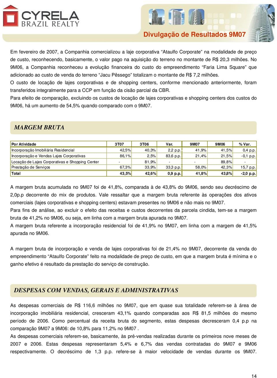 No 9M06, a Companhia reconheceu a evolução financeira do custo do empreendimento Faria Lima Square que adicionado ao custo de venda do terreno Jacu Pêssego totalizam o montante de R$ 7,2 milhões.