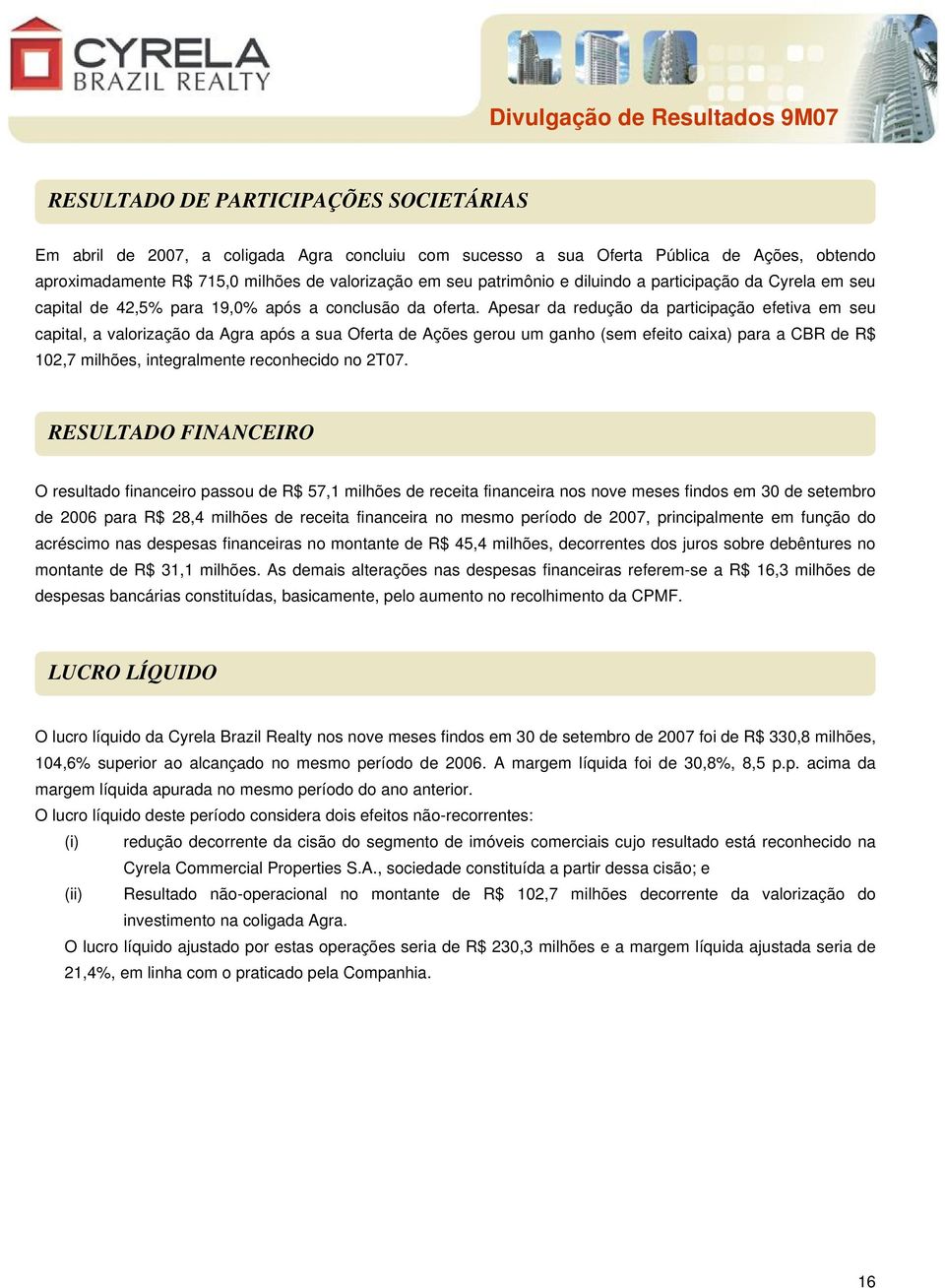 Apesar da redução da participação efetiva em seu capital, a valorização da Agra após a sua Oferta de Ações gerou um ganho (sem efeito caixa) para a CBR de R$ 102,7 milhões, integralmente reconhecido