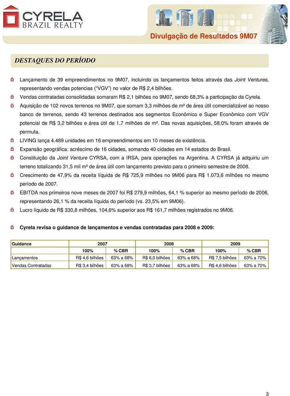 Aquisição de 102 novos terrenos no 9M07, que somam 3,3 milhões de m² de área útil comercializável ao nosso banco de terrenos, sendo 43 terrenos destinados aos segmentos Econômico e Super Econômico