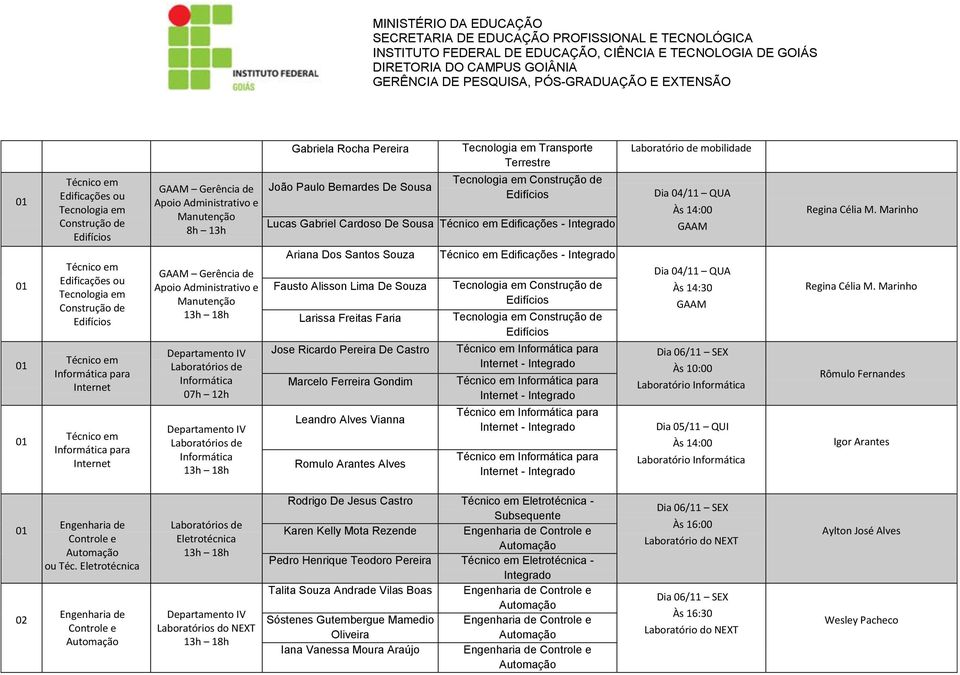 Castro Marcelo Ferreira Gondim Leandro Alves Vianna Romulo Arantes Alves Edificações - Integrado mobilidade GAAM Às 14:30 GAAM Às 10:00 Laboratório Informática Laboratório Informática Regina Célia M.