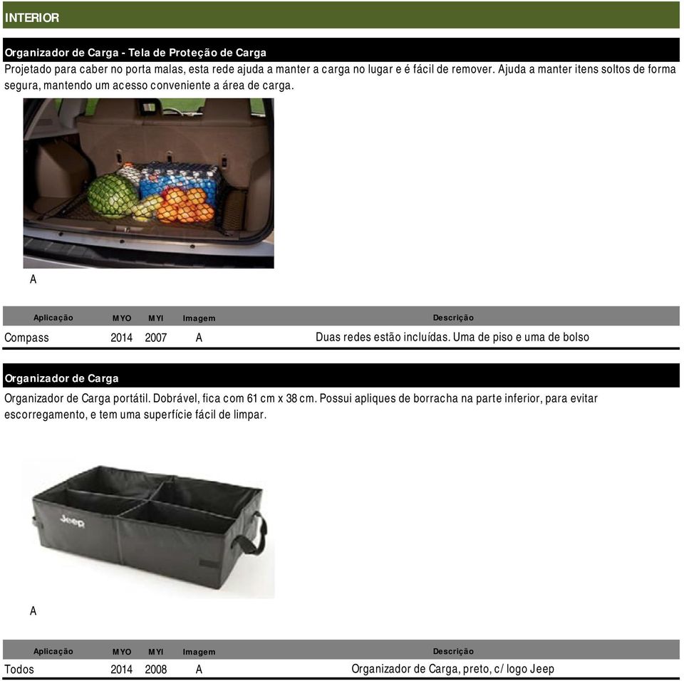 plicação Compass 2014 2007 Duas redes estão incluídas. Uma de piso e uma de bolso Organizador de Carga Organizador de Carga portátil.