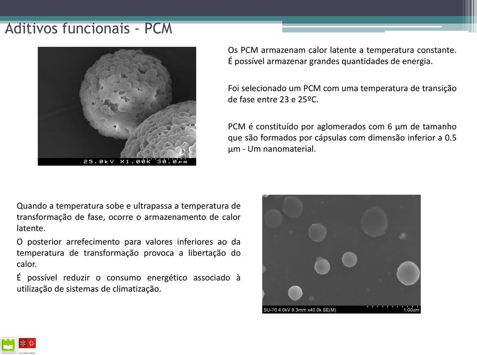 PCM é constituído por aglomerados com 6 µm de tamanho que são formados por cápsulas com dimensão inferior a 0.5 µm - Um nanomaterial.