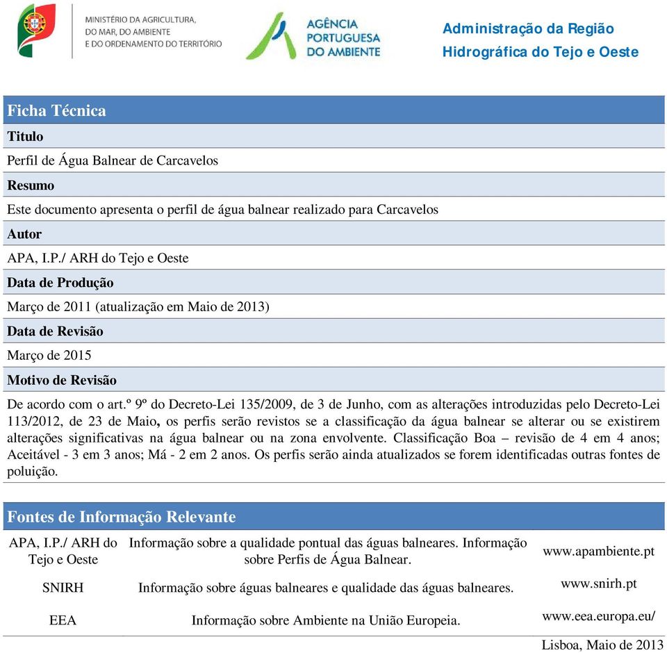 existirem alterações significativas na água balnear ou na zona envolvente. Classificação Boa revisão de 4 em 4 anos; Aceitável - 3 em 3 anos; Má - 2 em 2 anos.