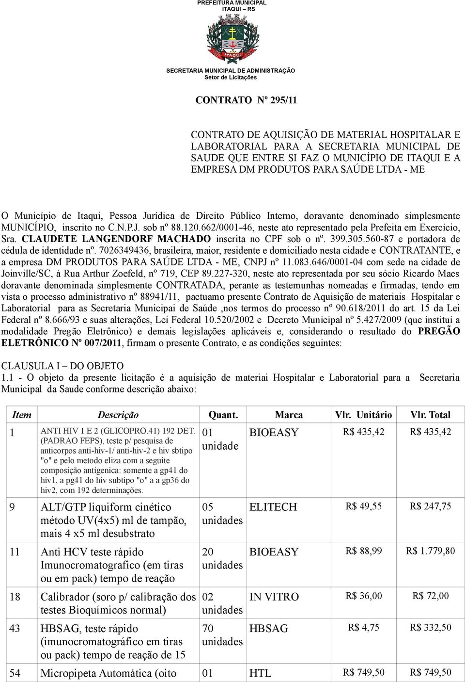 662/0001-46, neste ato representado pela Prefeita em Exercício, Sra. CLAUDETE LANGENDORF MACHADO inscrita no CPF sob o nº. 399.305.560-87 e portadora de cédula de identidade nº.