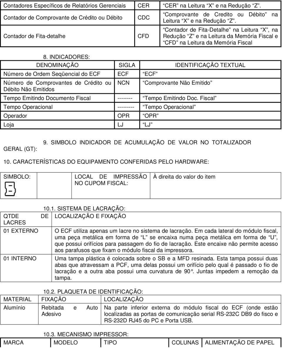 DENOMINAÇÃO SIGLA IDENTIFICAÇÃO TEXTUAL Número de Ordem Seqüencial do ECF ECF ECF Número de Comprovantes de Crédito ou Débito Não Emitidos NCN Comprovante Não Emitido Tempo Emitindo Documento Fiscal